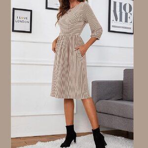Pocket Tee Dress Striped Midi High Waist Stretch Balloon Sleeve Brown White NEW